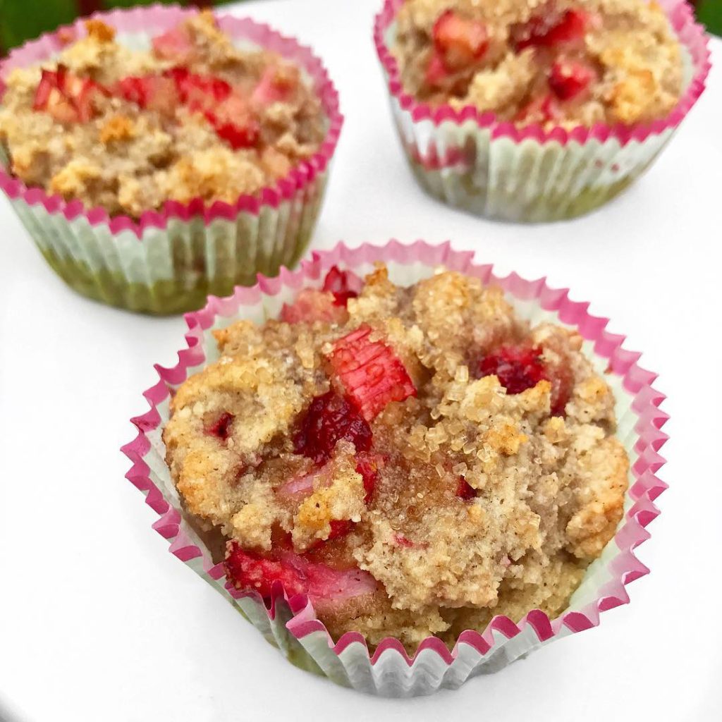 paleo muffins made with strawberries and rhubarb