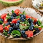 bowl of watermelon salad with feta cheese and balsamic vinaigrette