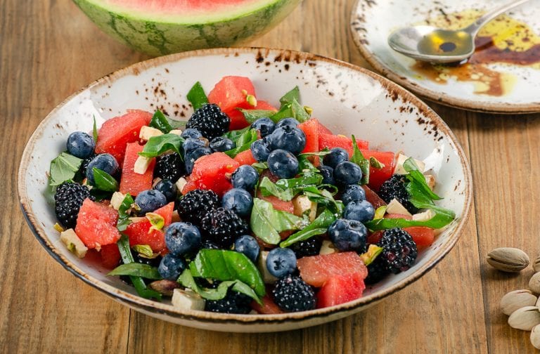 bowl of watermelon salad with feta cheese and balsamic vinaigrette