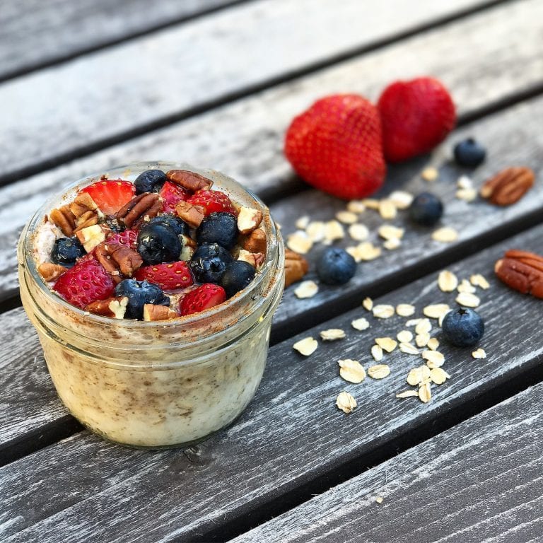 gluten free overnight oats with berries and pecans